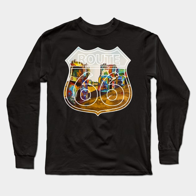 Old cars buried in the dirt at Cadillac Ranch along old U.S. Route 66 - WelshDesigns Long Sleeve T-Shirt by WelshDesigns